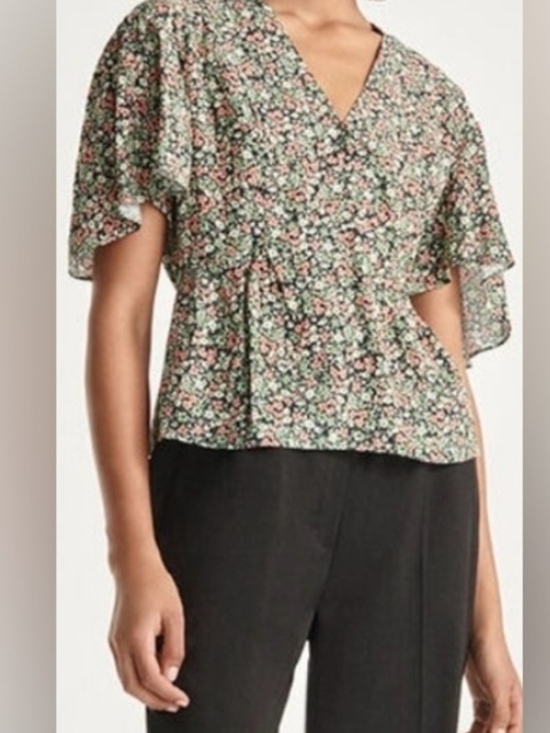 The Kooples Tops - The Kooples Black Floral Flutter Sleeve Blouse with Green & Coral Print